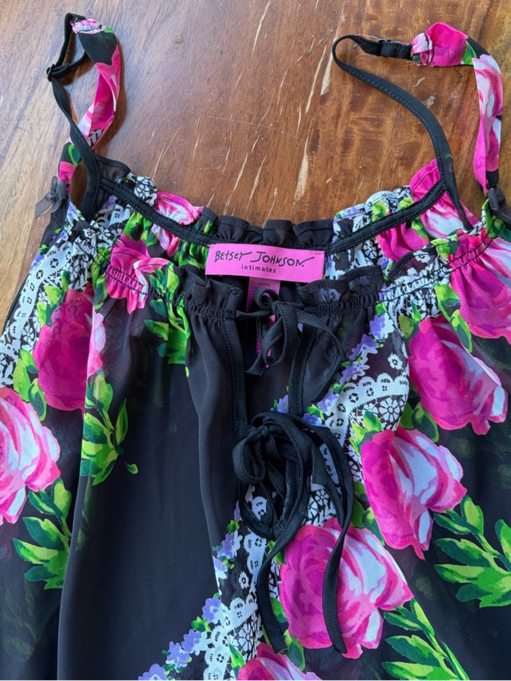 Betsey Johnson Black Nightdress with Hot Pink & Green Floral Print